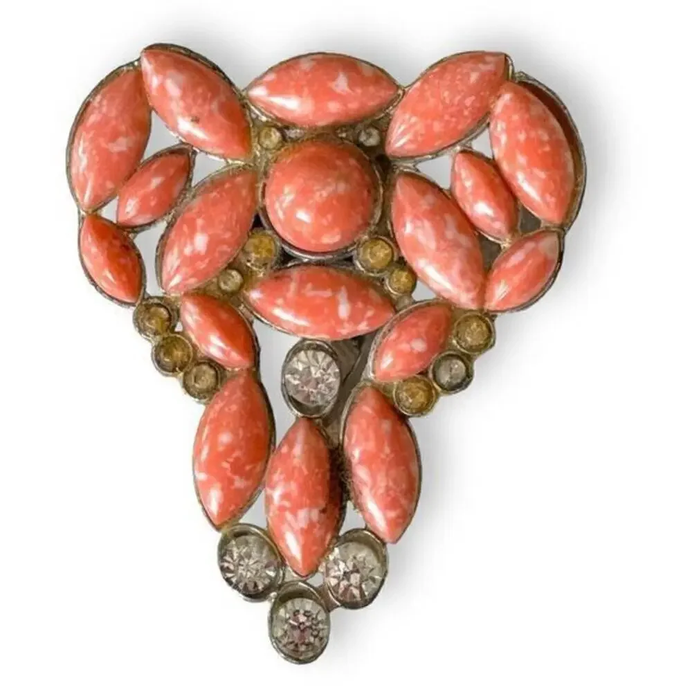 Vintage AJ Signed Rhinestone Coral Glass Dress Clip Brooch Marbled Stones